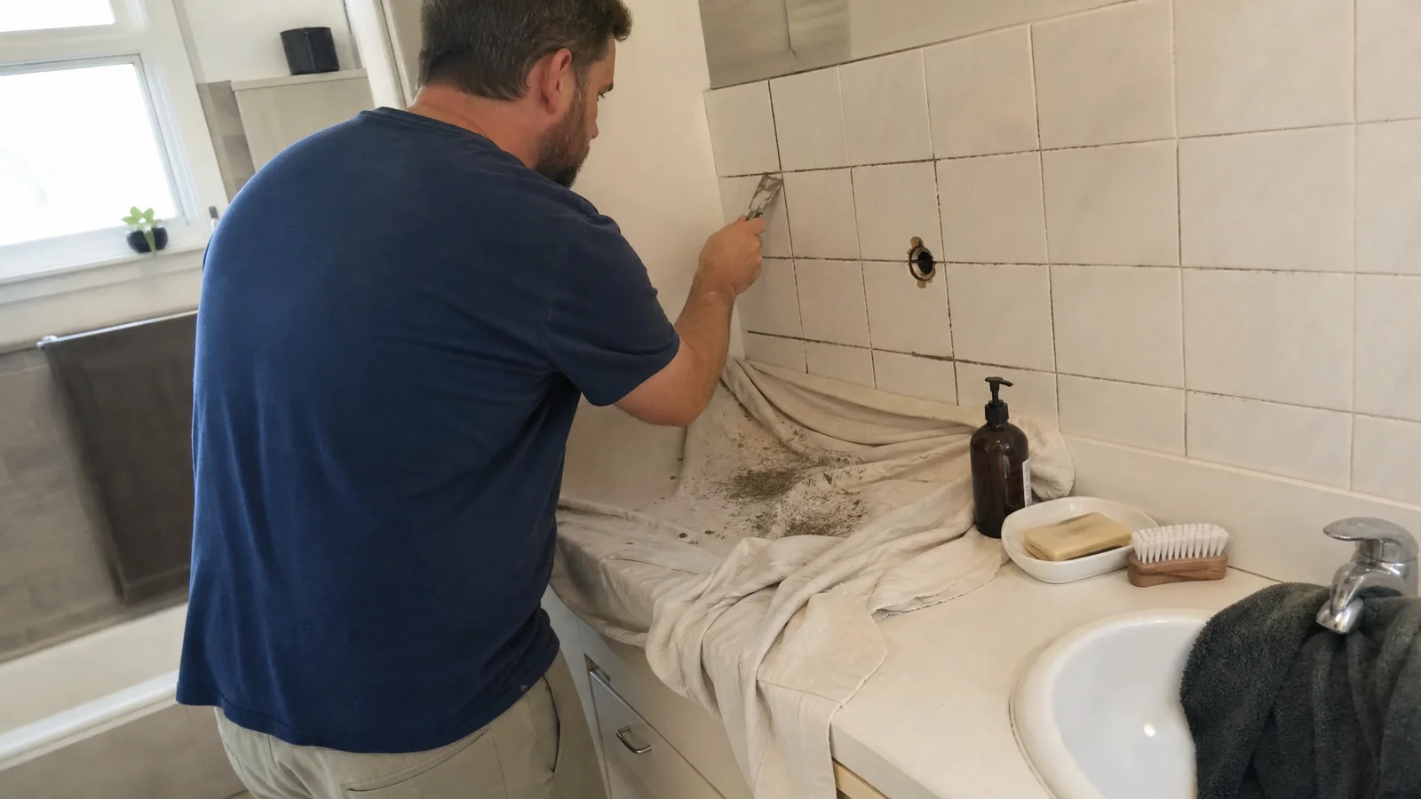 Handyman scraping out old crumbling grout between bathroom wall tiles